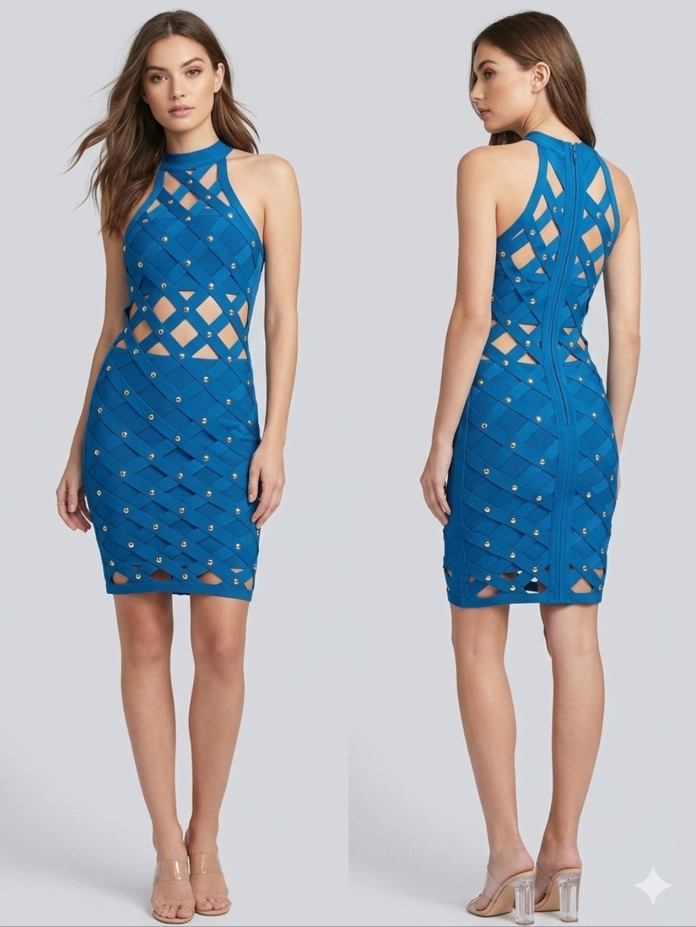 Bebe Mykonos Blue Studded Cage Bandage Dress - Size S - Sexy Bodycon Mini